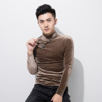 YUANSU潮牌个性金丝绒打底衫修身长袖加厚t恤男式社会体恤中领保暖衣男
