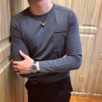 YUANSU春秋韩国男装韩版修身圆领长袖t恤男紧身复古打底衫男士纯色上衣