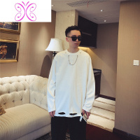 YUANSUTIM呆呆春秋季新款韩版潮流项链长袖体恤男个性破洞高街长袖t恤男