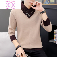 YUANSU秋冬季长袖针织衫t恤男韩版假两件套上衣个性帅气加绒加厚毛衣潮