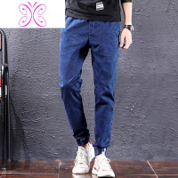YUANSU男生秋冬潮牌灰色松紧腰牛仔裤男宽松无铁系带束脚裤加绒韩版长裤牛仔裤男