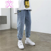 YUANSU工装牛仔裤男潮牌松紧腰系绳哈伦裤日系束脚裤秋冬新款宽松九分裤牛仔裤男