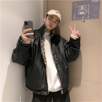 YUANSU韩版宽松两面穿加厚豹纹外套男冬季新款pu皮学生休闲夹克上衣情侣夹克