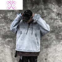 YUANSU秋冬复古半拉链立领印花抽绳冲锋套头卫衣男女牛仔外套夹克大码bf夹克