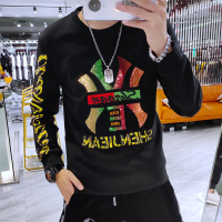 YUANSU欧洲站春季潮牌男士修身圆领网红字母重工艺烫钻亮片刺绣卫衣潮流卫衣