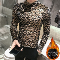 YUANSU半高领豹纹花T恤男长袖加绒加厚中领打底衫内搭潮流秋冬季卫衣服t毛衣