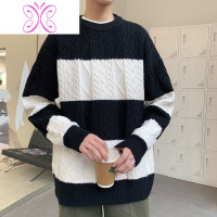 YUANSU毛衣男秋冬季新款圆领拼色潮流针织衫宽松休闲麻花线衣保暖套头衫毛衣