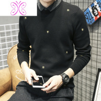 YUANSU刺绣带领毛衣男士加绒厚潮流假两件针织打底衫2020秋冬装上衣男装毛衣