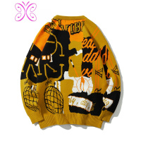 YUANSU冬季新款毛衣男圆领针织衫宽松套头后背个性涂鸦潮流青少年线衣毛衣