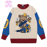 YUANSU复古撞色小熊毛衣男女宽松慵懒风韩版潮流日系情侣针织衫外套秋冬毛衣