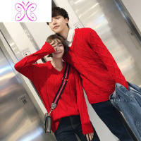 YUANSU冬装毛衣情侣装扭花V领针织衫男女式毛线衣麻花保暖打底衫大红色毛衣