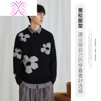 YUANSUUOOHE花朵提花针织衫男2020秋装新款毛衫宽松百搭套头情侣毛衣潮毛衣