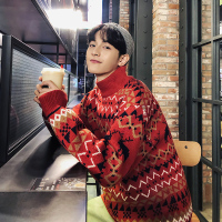 YUANSU秋冬季红色高领毛衣男士韩版潮流个性宽松慵懒风针织衫男女情侣装毛衣