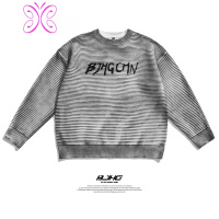 YUANSU[特价]自制秋冬条纹印花毛衣男潮牌日系港风宽松情侣装外套毛衣