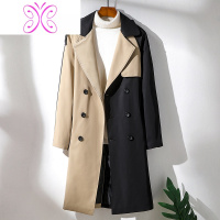 YUANSU春季双排扣束腰带风衣男韩版潮流中长款过膝大衣男士拼色外套英伦毛呢大衣
