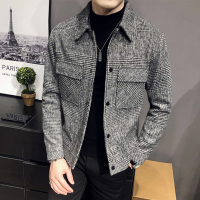 YUANSU格子毛呢夹克男修身韩版潮流帅气翻领外套短款妮子大衣秋冬装上衣毛呢大衣
