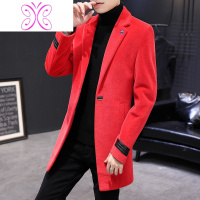 YUANSU秋冬新款男士红色加厚外套韩版潮流休闲中长款呢子大衣帅气风衣男毛呢大衣