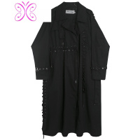 YUANSU秋冬款暗黑先锋个性穿绳拼接设计男士中长款宽松风衣青年大衣外套毛呢大衣