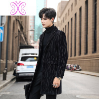 YUANSU秋冬青年中长款毛呢大衣韩版潮流修身男士英伦条纹呢子外套帅气潮毛呢大衣