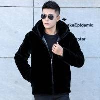 YUANSU秋冬新款貂皮大衣男整貂连帽仿貂毛皮草男士短款修身貂绒外套夹克毛呢大衣