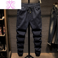 YUANSU秋冬款牛仔裤男宽松大码松紧腰胖哥黑色束脚裤高弹力加绒加厚长裤牛仔裤男