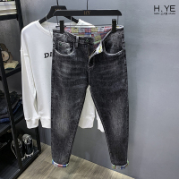 YUANSU秋季新款趣味印花烟灰色牛仔裤男潮牌弹力小脚微哈伦裤韩版潮长裤牛仔裤男