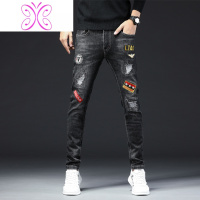 YUANSU潮牌欧美牛仔裤男刺绣破洞补丁徽章韩版个性潮流秋季弹力流行长裤牛仔裤男