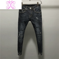 YUANSU新款刀割破洞补丁毛边裤脚牛仔裤男士弹力修身小脚裤九分裤韩版潮牛仔裤男