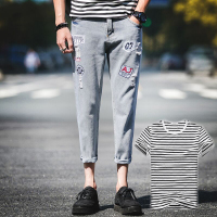 YUANSU男士九分牛仔裤修身小脚休闲潮牌韩版潮流做旧牛仔买一送一送T恤牛仔裤男