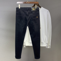 YUANSU郑大钱黑色潮牌牛仔裤男磨毛绒修身小脚弹力休闲欧洲站裤子秋冬款牛仔裤男