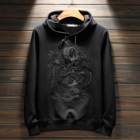 YUANSU冬季潮男连帽卫衣龙纹刺绣套头衫潮牌痞帅加绒带帽中国风红色外套卫衣