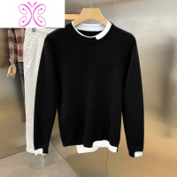 YUANSU秋冬不规则撞色圆领卫衣男士修身日系针织衫潮流休闲长袖打底毛衣卫衣