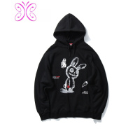 YUANSU净化眼球冬季加绒连帽卫衣男女宽松潮牌丧系兔子印花上衣外套卫衣