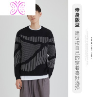 YUANSUUOOHE男士针织衫个性潮流竖条纹不规则定位提花毛衣男秋休闲上衣毛衣