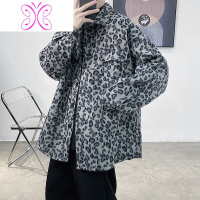 YUANSU豹纹夹克毛妮子风衣秋冬潮男宽松毛呢子大衣外套痞帅气质灰色短款毛呢大衣