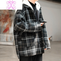 YUANSU格子线条港风衣中长款呢子外套男大码胖子青年潮流毛呢大衣秋冬款毛呢大衣