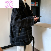 YUANSU炸街外套男港风bf痞帅潮流中长款格子风衣秋冬款oversize毛呢大衣毛呢大衣