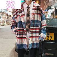 YUANSU毛呢格子风衣男中短款英伦风韩版潮流帅气外套呢子大衣秋冬设计感毛呢大衣