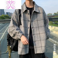 YUANSU加厚毛呢子格子大衣外套男秋冬潮流韩版帅气宽松百搭港风短款风衣毛呢大衣