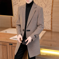 YUANSU男士休闲外套中长款呢子大衣秋冬英伦条纹西装毛呢韩版潮流风衣男毛呢大衣