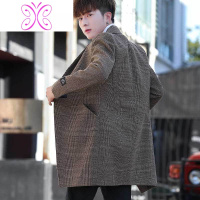 YUANSU男士外套中长款呢子大衣秋冬英伦格子加厚西装毛呢帅气风衣男潮流毛呢大衣