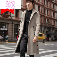 YUANSU秋冬过膝风衣连帽男装2019新款毛呢外套韩版呢子大衣中长款青年潮毛呢大衣