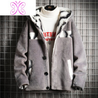 YUANSU男士秋冬季外套拼色青年加绒皮草大衣加厚一体潮流毛呢夹克潮毛呢大衣