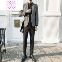 YUANSU男士休闲西装英伦风格子单西春秋季大衣韩版修身毛呢西服正装外套毛呢大衣