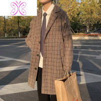 YUANSU格子毛呢大衣男2020年新款中长款加厚冬季韩版潮流风衣春季外套男毛呢大衣