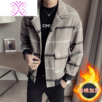 YUANSU冬季个性线条格子毛呢大衣男士潮牌宽松短款风衣潮流呢子加厚外套毛呢大衣