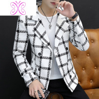 YUANSU男士毛呢外套帅气呢子大衣短款韩版加绒格子西装秋冬英伦小风衣男毛呢大衣