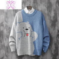 YUANSU拼色圆领毛衣男冬季加绒加厚宽松卡通小熊可爱小清新情侣针织衫潮毛衣