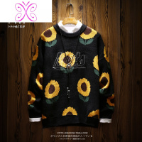 YUANSU潮牌港风慵懒风花朵印花毛衣 男日系复古潮流加绒保暖针织衫男装毛衣