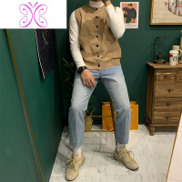 YUANSU秋冬男式文艺圆领百搭针织开衫马甲日系复古纯色单排扣毛衣背心男毛衣